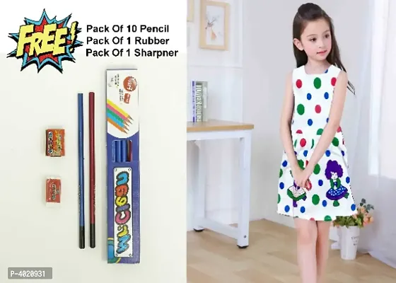 Girl's Printed Frock With Free Pencil Set