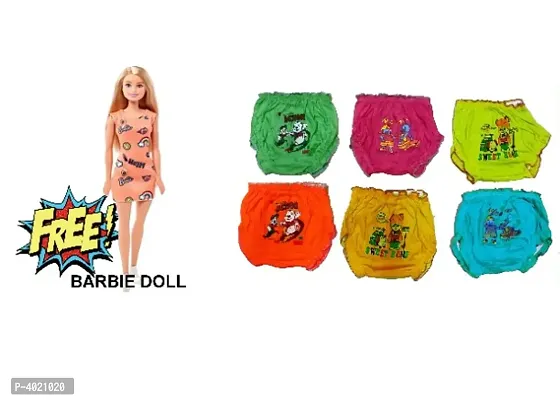 Girl's Cotton Printed Bloomers Pack Of 6 With Free Barbie Doll