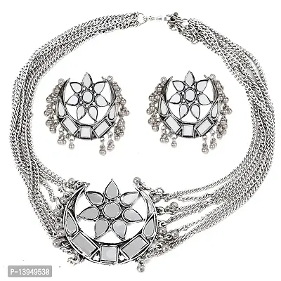 Total Fashion Women's Oxidised German Silver and Choker Necklace Set (Silver)