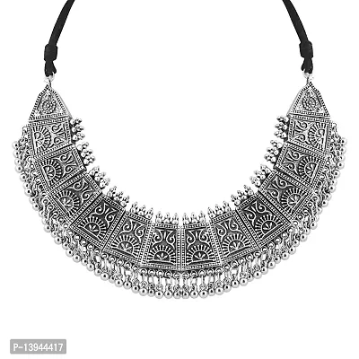 CosMos Silver Plated Oxidised Metal Boho Afghani Choker Necklace for Women and Girls