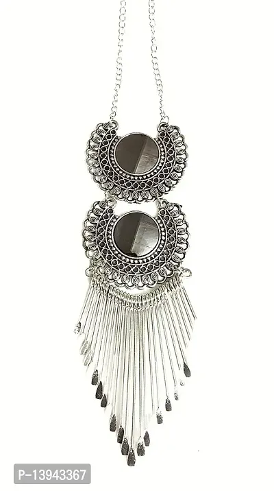Total Fashion Double Round Mirror with Stik Shap Unique Silver Metal Necklace for Women and Girls-thumb2