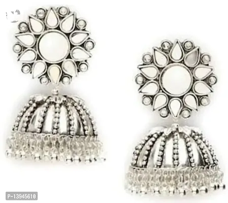 Best Choice Traditional German Silver Oxidised Antique Stylish Designer Afghani Big Mirror Jhumka Earrings for women and girls