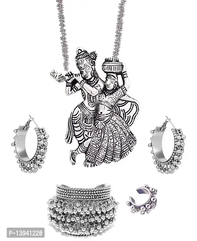 Total Fashion Oxidised Silver Radha Krishna Chain Pendant Necklace Set Combo for Girls  Women-thumb0