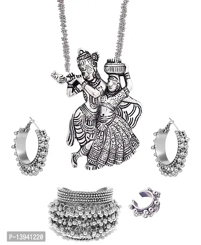 Total Fashion Oxidised Silver Radha Krishna Chain Pendant Necklace Set Combo for Girls  Women