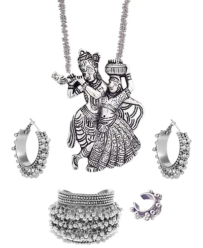 Total Fashion Oxidised Silver Radha Krishna Chain Pendant Necklace Set Combo for Girls  Women