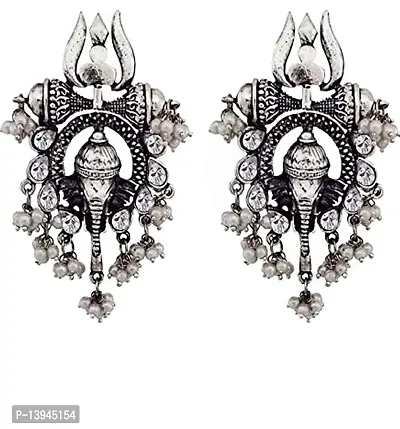 Handicraft shop 369 Celebrity Inspired Oxidised Silver Trishul Ganesh Stud Earring For Women and Girls-thumb0