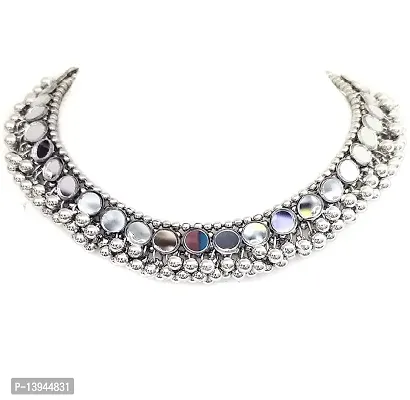 handicraft shop 369 Afghani Oxidised Silver Mirror Choker Necklace for Girls  Women
