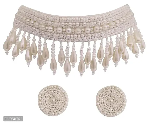 Total Fashion Handmade Lookalike White Bead Emboiredery Choker Necklace Set for Girls  Women-thumb0