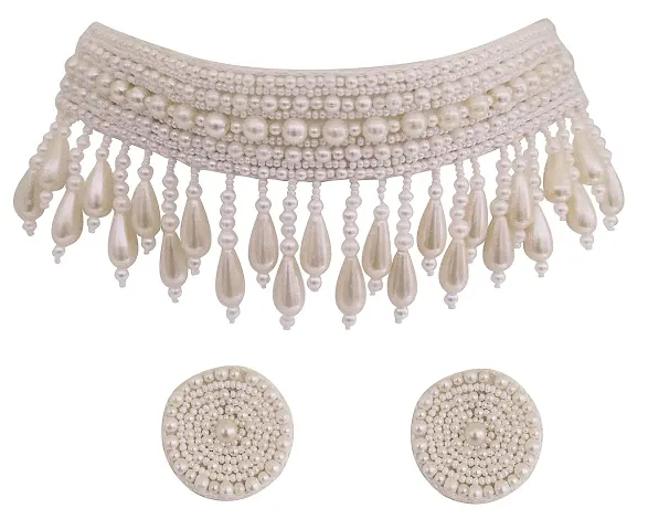 Total Fashion Handmade Lookalike White Bead Emboiredery Choker Necklace Set for Girls  Women