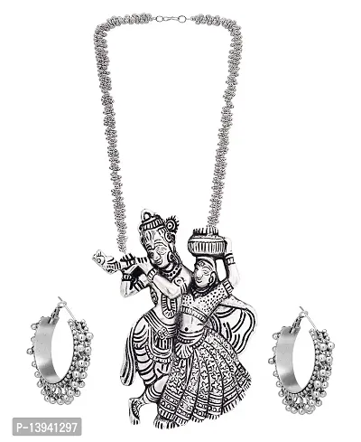 Total Fashion Oxidised Silver Radha Krishna Chain Pendant Necklace with Hoop for Girls  Women