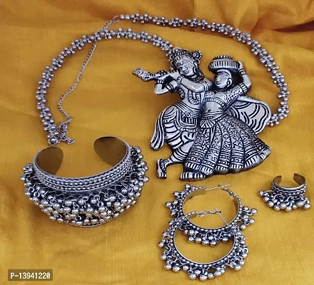 Total Fashion Oxidised Silver Radha Krishna Chain Pendant Necklace Set Combo for Girls  Women-thumb2