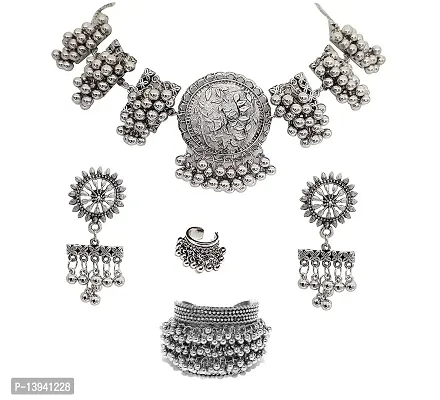 Total Fashion Afghani Oxidised Silver Jewellery Combo Choker Necklace Set for Women  Girls-thumb0