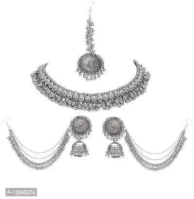 Handicraft shop 369 Oxidised Silver Afghani Style Tika Earring with Choker Necklace Set for Women  Girls-thumb2