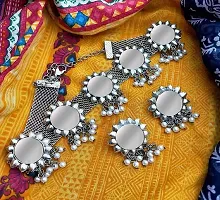CosMos Afghani Oxidised German Silver Jewellery Antique Designer Mirror Choker Necklace Set for Women  Girls.-thumb2