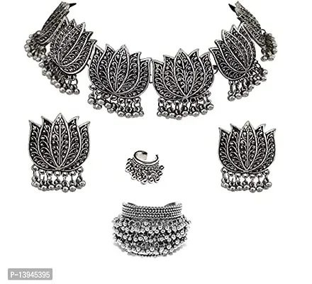 CosMos Afghani Oxidised Silver Jewellery Lotus Combo Necklace Set for Women  Girls