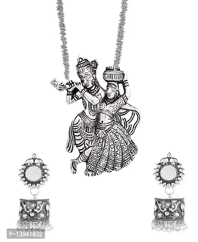 Total Fashion Radha Krishna Silver Oxidised Chain Pendant Necklace with Dangler Earring for Girls  Women
