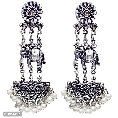 Oxidised Silver Hanging Dangler Elephant style Earrings for Women  Girls/Antique Metal German Silver Long studs-thumb0