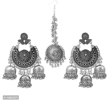 CosMos German Oxidised Silver Afghani Navratri Garba Style Traditional Maang Tikka with Jhumka Earrings Jewellery Set for Women.