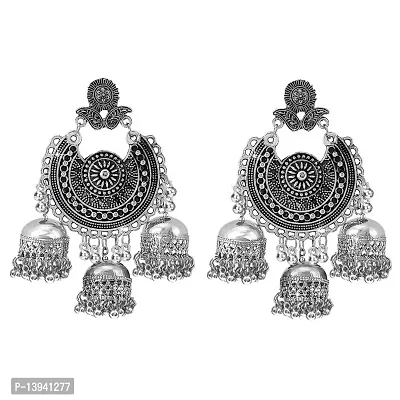 CosMos German Oxidised Silver Afghani Navratri Garba Style Traditional Maang Tikka with Jhumka Earrings Jewellery Set for Women.-thumb2