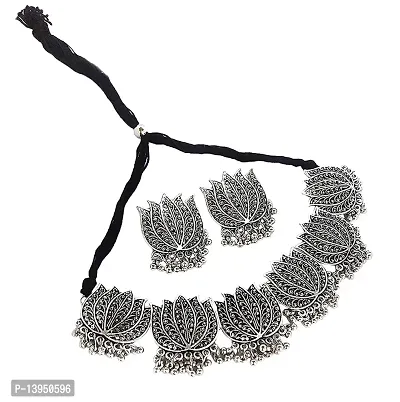 CosMos Oxidized Silver and Lotus Choker Necklace with Earrings for Women  Girls