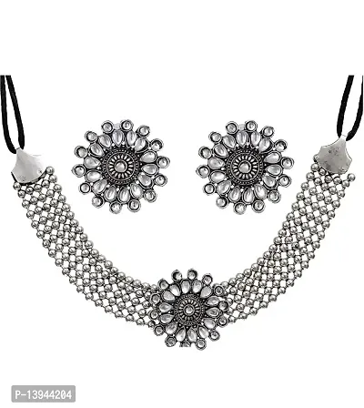 CosMos Jewellery Afghani Style Silver Round Choker Necklace Set for Women  Girls-thumb0