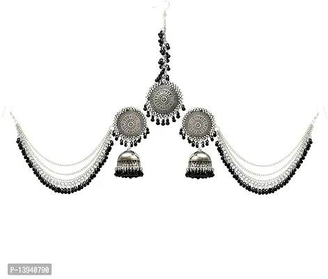 COSMOS SYSTEMS German Oxidised Silver Antique Traditional Maang Tikka with Earrings Jewellery Set for Women and Girls-thumb0