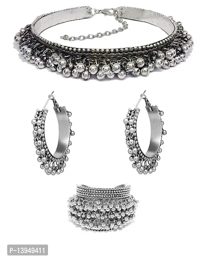 Total Fashion Oxidized Silver and Choker Necklace With Hoop Earring  Cuff Bangle Set for Women (Silver)-thumb0