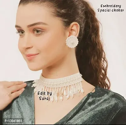 Total Fashion Handmade Lookalike White Bead Emboiredery Choker Necklace Set for Girls  Women-thumb2