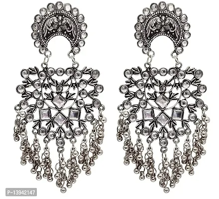 CosMos Traditional Silver Oxidised Antique Stylish Designer Afghni Big Dangle Drop Earrings for women and girls
