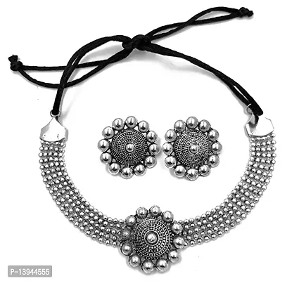 Cosmos Systems Jewellery Oxidized German Silver Traditional Chocker Necklace Set for Women  Girls Silver  Golden Silver_Red_er