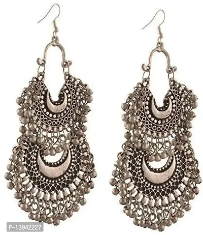 CosMos Double Chandbali Fancy Oxidized Silver Afghani Tribal Mirror Earrings for Girls and Women