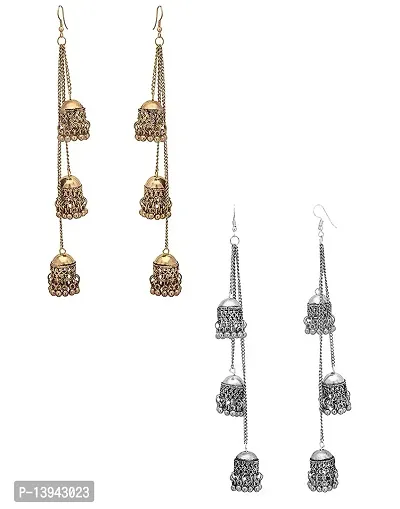 Roops Collexion Combo of Silver and Golden Oxidised Afghani Kashmiri Tribal Oxidized Dangle Long Earrings for Women