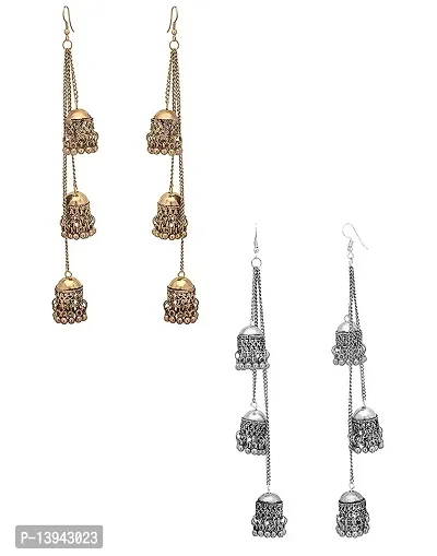 Roops Collexion Combo of Silver and Golden Oxidised Afghani Kashmiri Tribal Oxidized Dangle Long Earrings for Women-thumb0