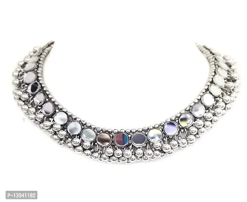 Total Fashion Afghani Oxidised Silver Mirror Choker Necklace for Girls  Women-thumb5