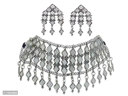 CosMos Afgani Silver Tone Mirror Necklace Set with Earrings Indian Bohemian Style Jewelry for Women  Girls-thumb0