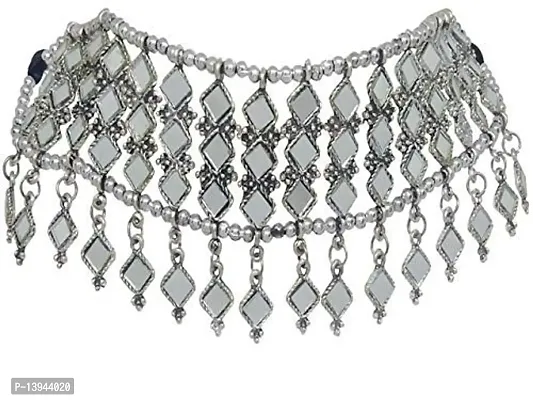 CosMos Afgani Silver Tone Mirror Necklace Set with Earrings Indian Bohemian Style Jewelry for Women  Girls-thumb2