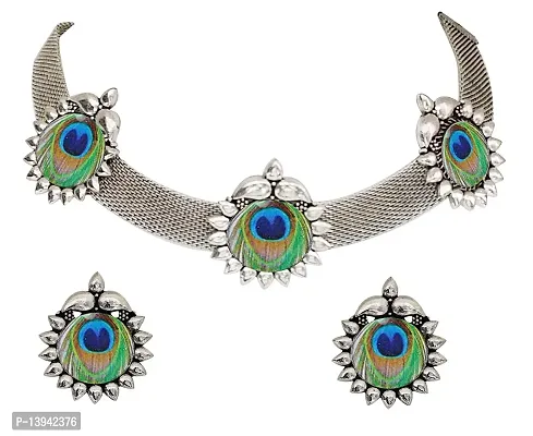 Total Fashion Afghani Oxidised German Silver Jewellery Stylish Antique Peacock Choker Necklace Set for Women  Girls