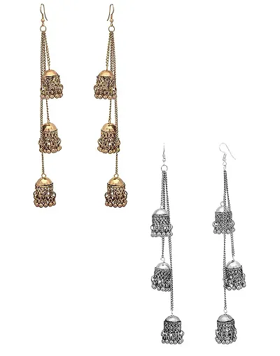 CosMos Combo of and Oxidised Afghani Kashmiri Tribal Oxidized Dangle Long Earrings for Women