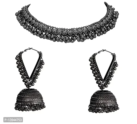 Total Fashion Oxidised jewellery Black Choker Necklace Set for Women  Girls-thumb0