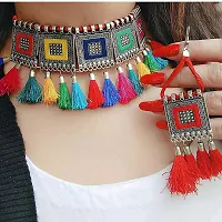 CosMos Oxidised Jewellery Afghani Style Black Thread Choker Necklace Set for Women  Girls with earring(Multicolor)-thumb1