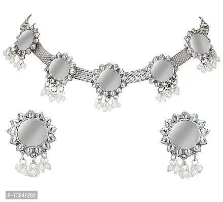 CosMos Afghani Oxidised German Silver Jewellery Antique Designer Mirror Choker Necklace Set for Women  Girls.