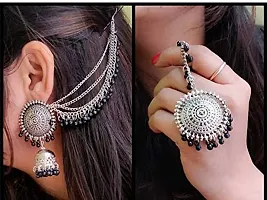 CosMos Multicolour Oxidized Non-Precious Metal Afghani Kashmiri Tribal Jhumka Earrings with Maang Tikka Jewellery Set for Women, Multi Colour, Free Size-thumb2