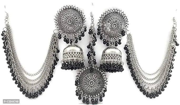 CosMos Multicolour Oxidized Non-Precious Metal Afghani Kashmiri Tribal Jhumka Earrings with Maang Tikka Jewellery Set for Women, Multi Colour, Free Size