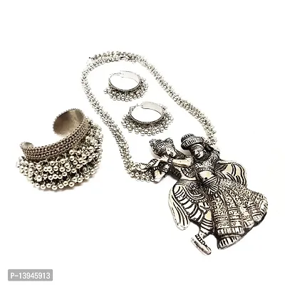 CosMos German Silver Oxidised Radha Krishna Necklace Earrings Bracelet Combo Jewellery Necklace Set Best Valentine/Anniversary/Wedding/Birthday Gifts for Girlfriend/Wife/Friends for Women and Girls