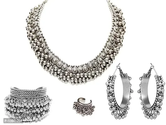 Total Fashion Traditional Oxidized Silver Combo Choker Necklace Set for Girls  Women Silver-thumb0