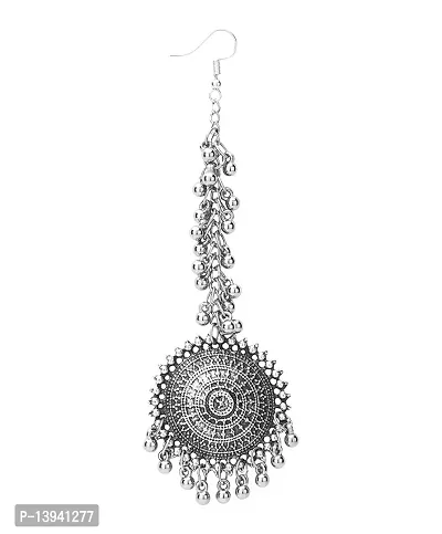 CosMos German Oxidised Silver Afghani Navratri Garba Style Traditional Maang Tikka with Jhumka Earrings Jewellery Set for Women.-thumb3