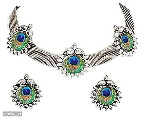 CosMos Oxidized sliver Peacock Design with Ghungroo Necklace Set for Women And Girls (Silver)