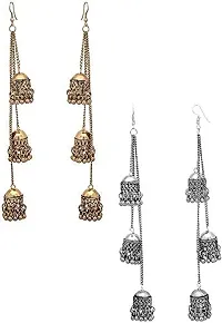 CosMos Combo of Silver and Golden Oxidised Afghani Kashmiri Tribal Oxidized Dangle Long Earrings for Women-thumb1