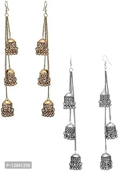 CosMos Combo of Silver and Golden Oxidised Afghani Kashmiri Tribal Oxidized Dangle Long Earrings for Women-thumb2