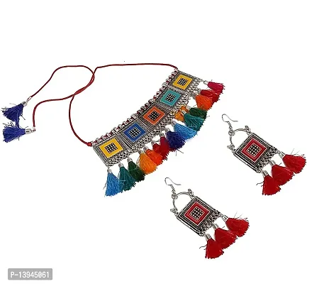 CosMos Oxidised Jewellery Afghani Style Black Thread Choker Necklace Set for Women  Girls with earring(Multicolor)-thumb3